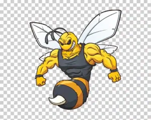 Playful cartoon bee with a black and yellow striped body, depicted in a whimsical and friendly manner.