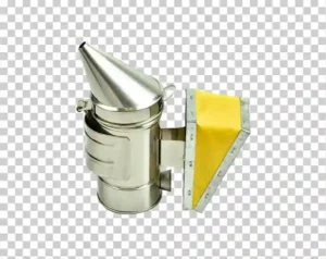 Stainless steel bee smoker with yellow bellow for beekeeping.