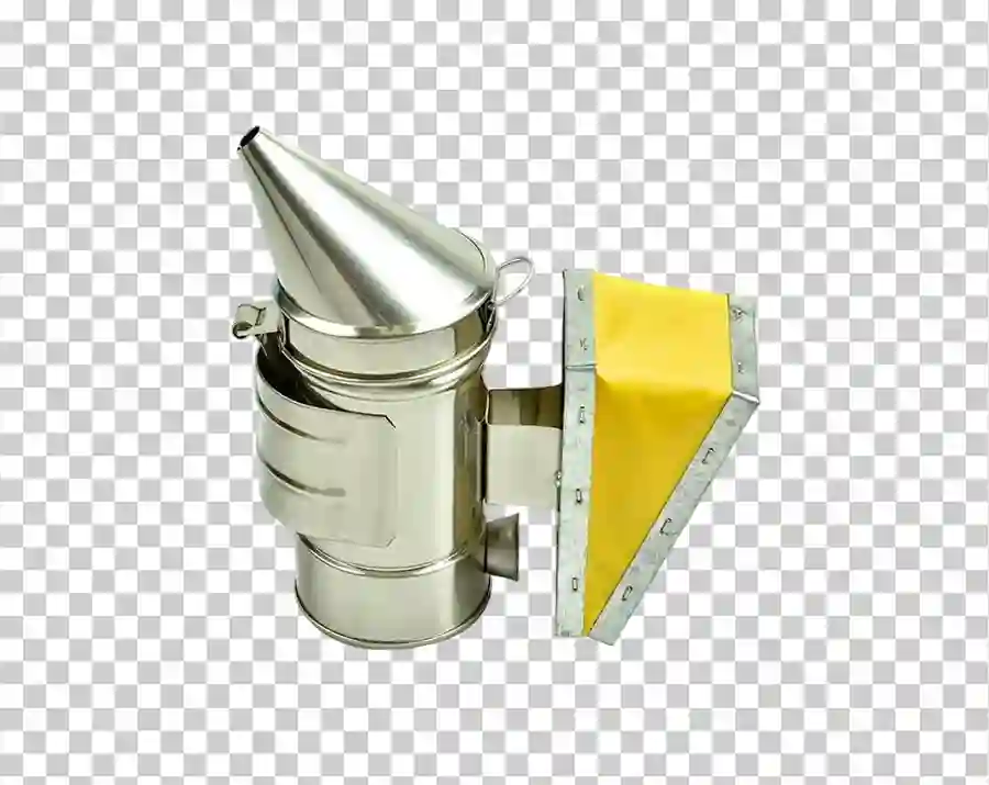 Stainless steel bee smoker with yellow bellow for beekeeping.
