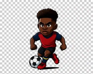 A colorful cartoon illustration of Bukayo Saka, the professional footballer, depicted in a dynamic pose wearing his football kit.