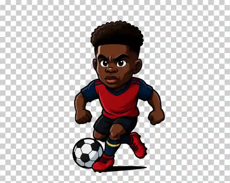 A colorful cartoon illustration of Bukayo Saka, the professional footballer, depicted in a dynamic pose wearing his football kit.