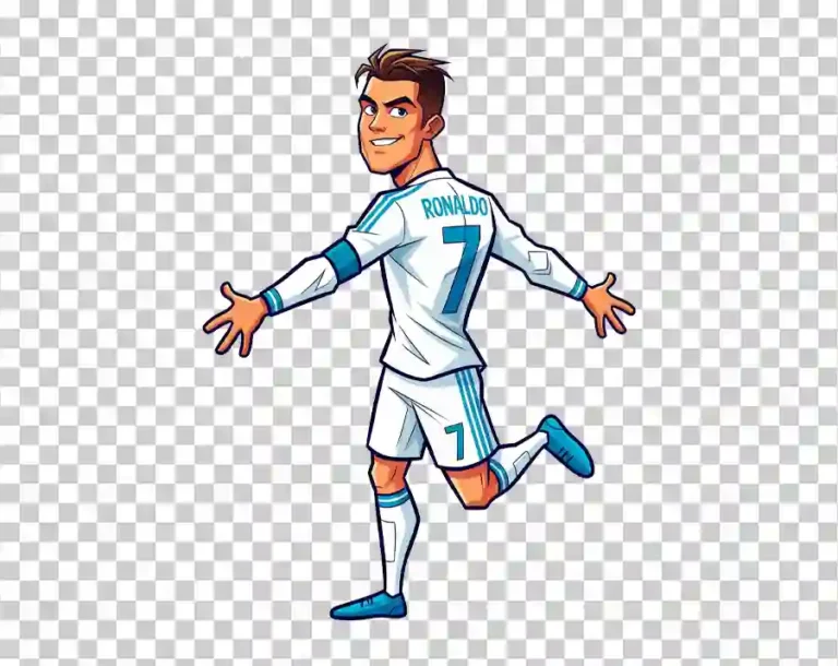 A vibrant cartoon illustration of Cristiano Ronaldo, the professional footballer, depicted in a confident pose wearing his football kit.