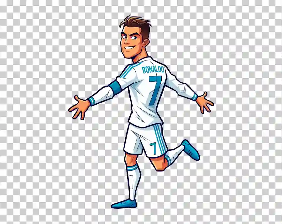 A vibrant cartoon illustration of Cristiano Ronaldo, the professional footballer, depicted in a confident pose wearing his football kit.