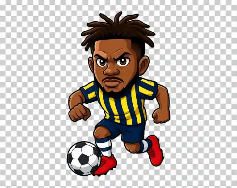 A colorful cartoon illustration of Fred, the professional footballer, depicted in an active pose wearing his football kit.