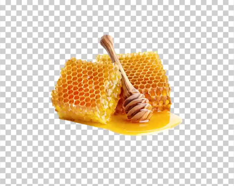 A close-up image of golden honey dripping from a honey dipper.