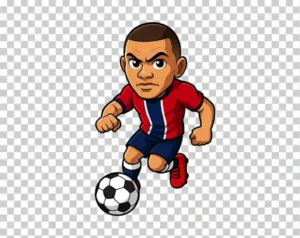 A vibrant cartoon illustration of Kylian Mbappé, the professional footballer, depicted in a dynamic pose wearing his football kit.