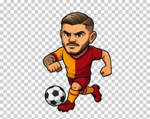 A vibrant cartoon illustration of Mauro Icardi, the professional footballer, shown in a dynamic pose wearing his football kit.