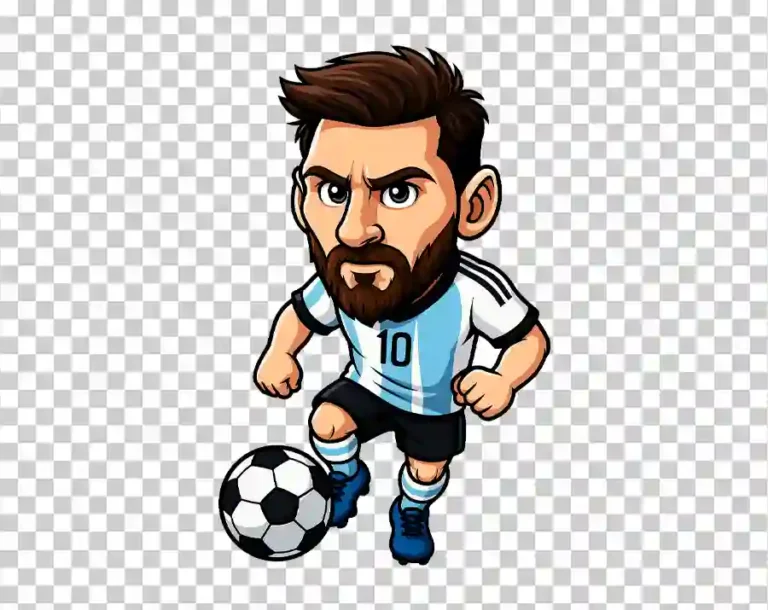 A colorful cartoon illustration of Lionel Messi, the professional footballer, shown in a dynamic pose wearing his football kit.