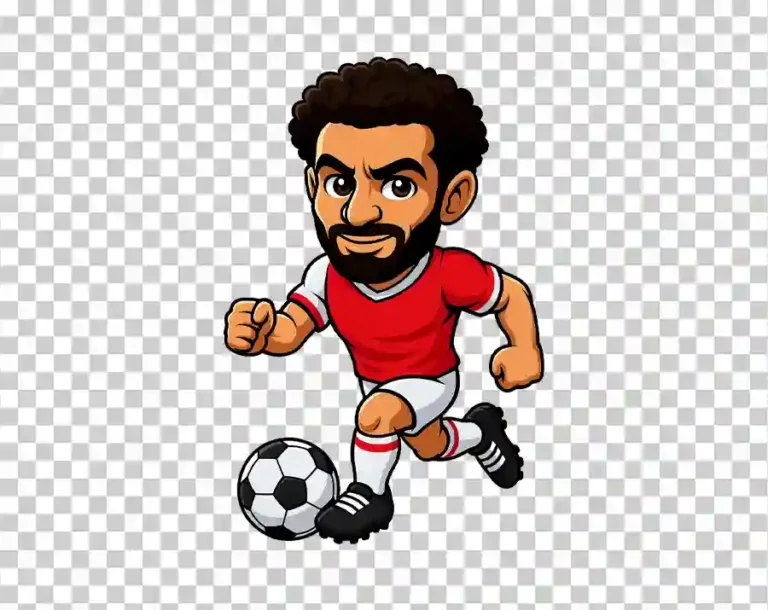 A colorful cartoon illustration of Mohamed Salah, the professional footballer, shown in an energetic pose wearing his football kit.