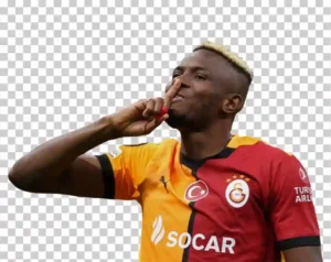 A portrait of Victor Osimhen, the professional footballer, wearing his team’s football kit.