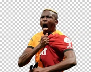 A portrait of Victor Osimhen, the professional footballer, wearing his team’s football kit.