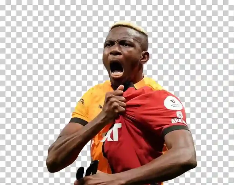 A portrait of Victor Osimhen, the professional footballer, wearing his team’s football kit.