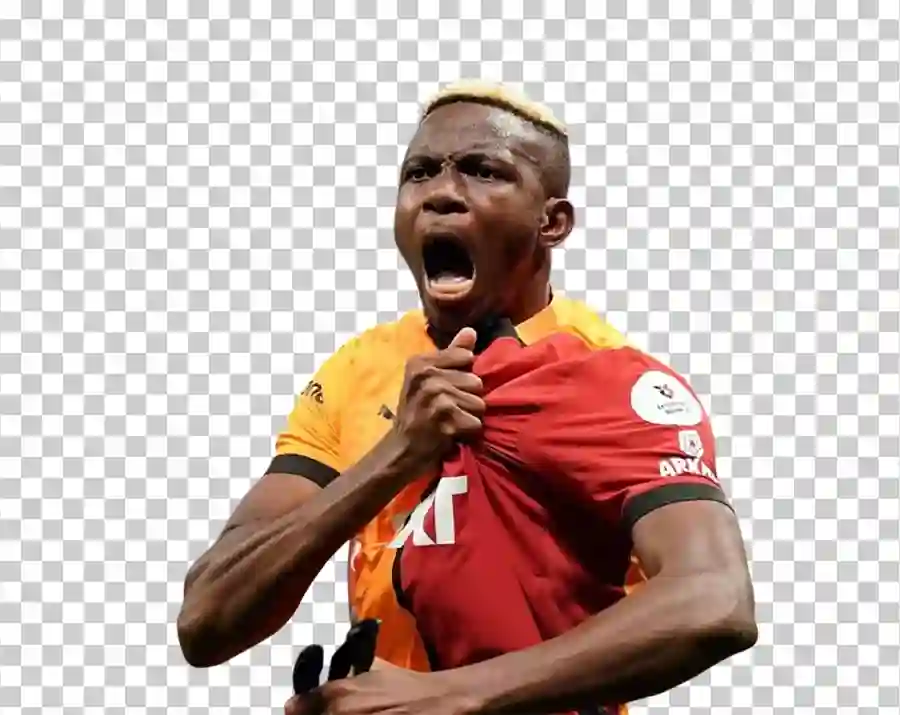 A portrait of Victor Osimhen, the professional footballer, wearing his team’s football kit.