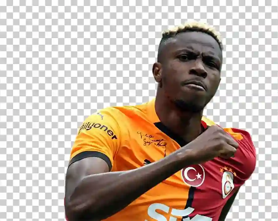 A portrait of Victor Osimhen, the professional footballer, wearing his team’s football kit.