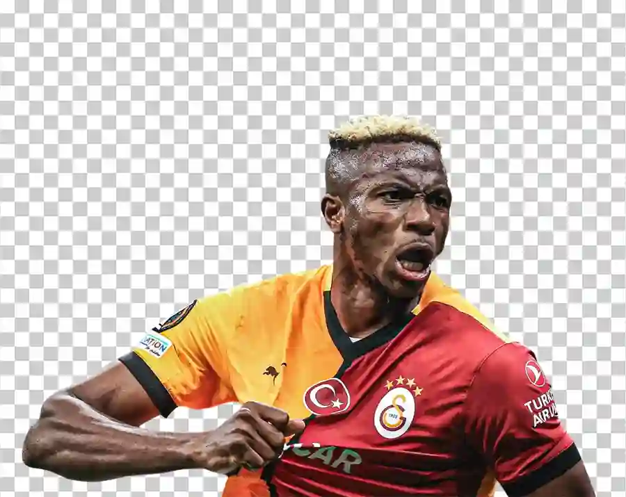 A portrait of Victor Osimhen, the professional footballer, wearing his team’s football kit.