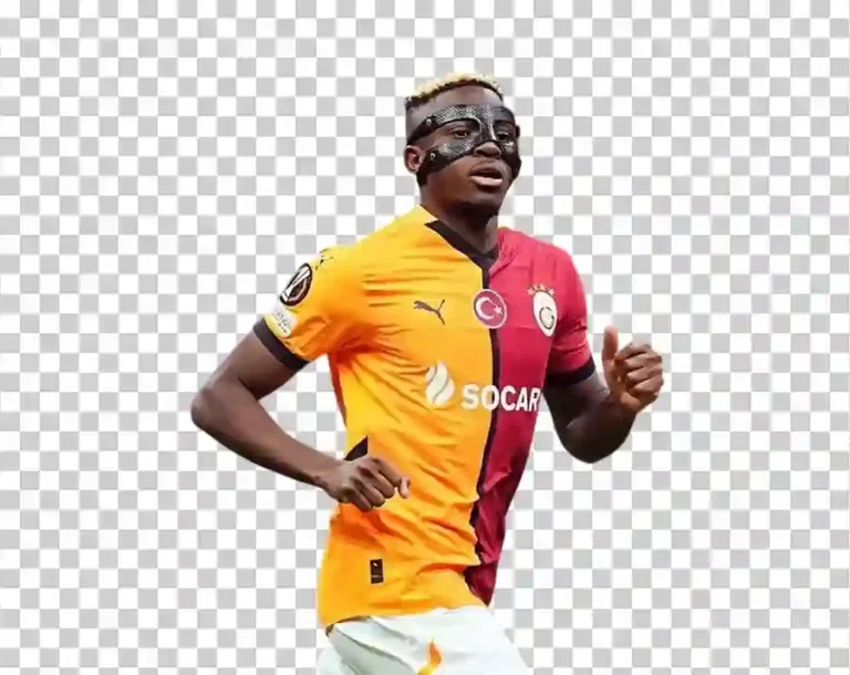 A portrait of Victor Osimhen, the professional footballer, wearing his team’s football kit.