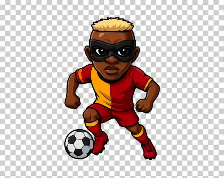 A colorful cartoon illustration of Victor Osimhen, the professional footballer, depicted in an energetic pose wearing his football kit.