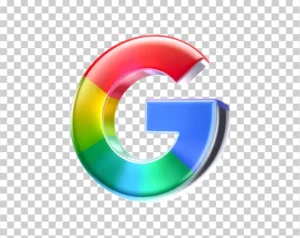 A 3D "G" logo with a glossy, transparent outer surface and the inner parts colored with Google's four main colors (blue, red, yellow, green).