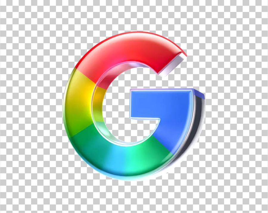 A 3D "G" logo with a glossy, transparent outer surface and the inner parts colored with Google's four main colors (blue, red, yellow, green).