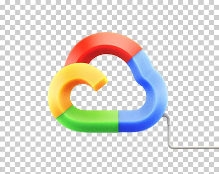 A 3D, textured cloud icon in four colors (blue, red, yellow, and green), with a cable extending from its base.