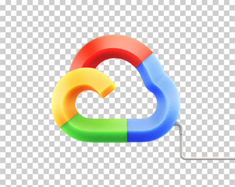 A 3D, textured cloud icon in four colors (blue, red, yellow, and green), with a cable extending from its base.