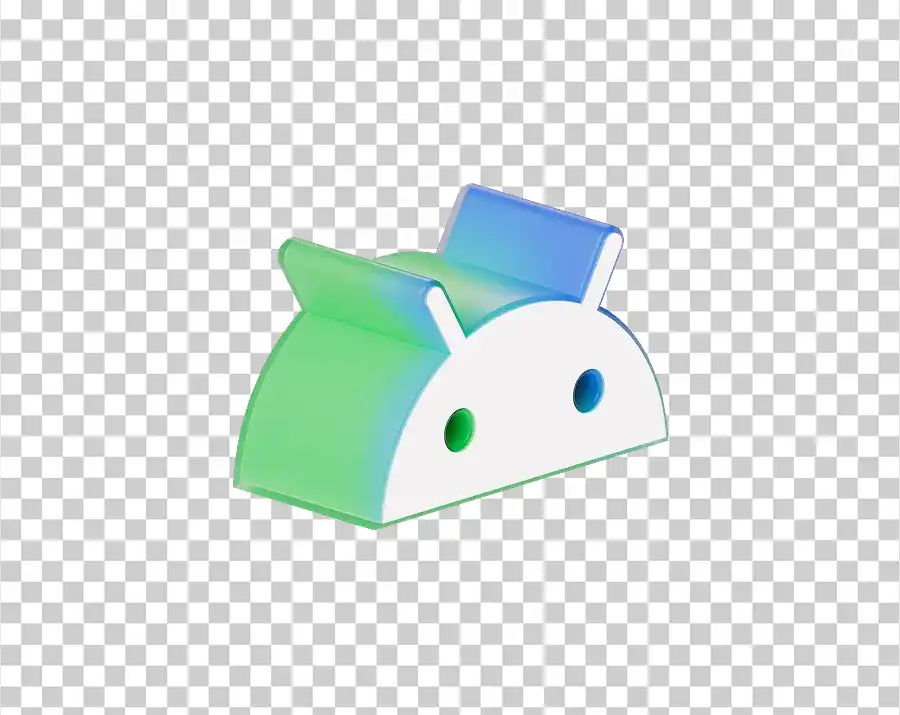 A 3D Android robot head icon with a blue and green gradient on its top half and a white bottom.