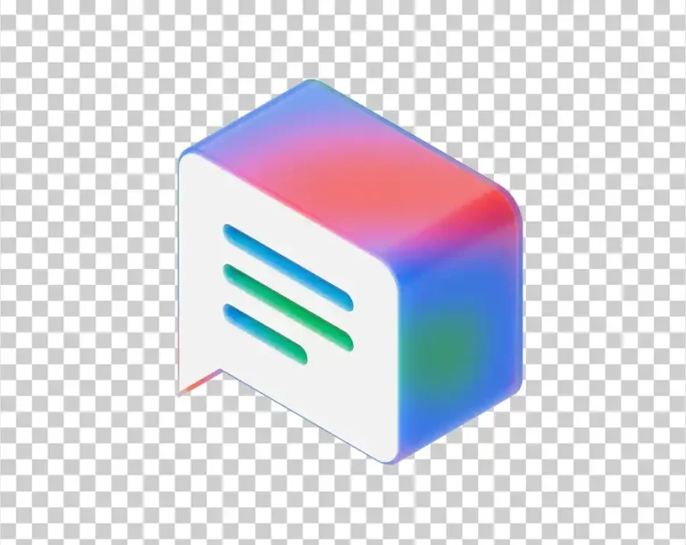 A 3D speech bubble icon with colorful (blue, red, green) side surfaces and three horizontal lines on its front face.
