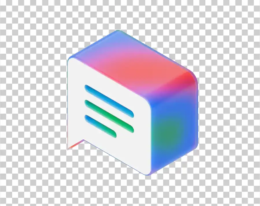 A 3D speech bubble icon with colorful (blue, red, green) side surfaces and three horizontal lines on its front face.