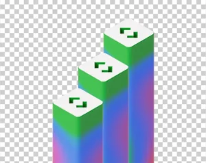 A 3D icon with three rising columns, each with a colorful gradient on its sides and a green < > symbol on its top face.