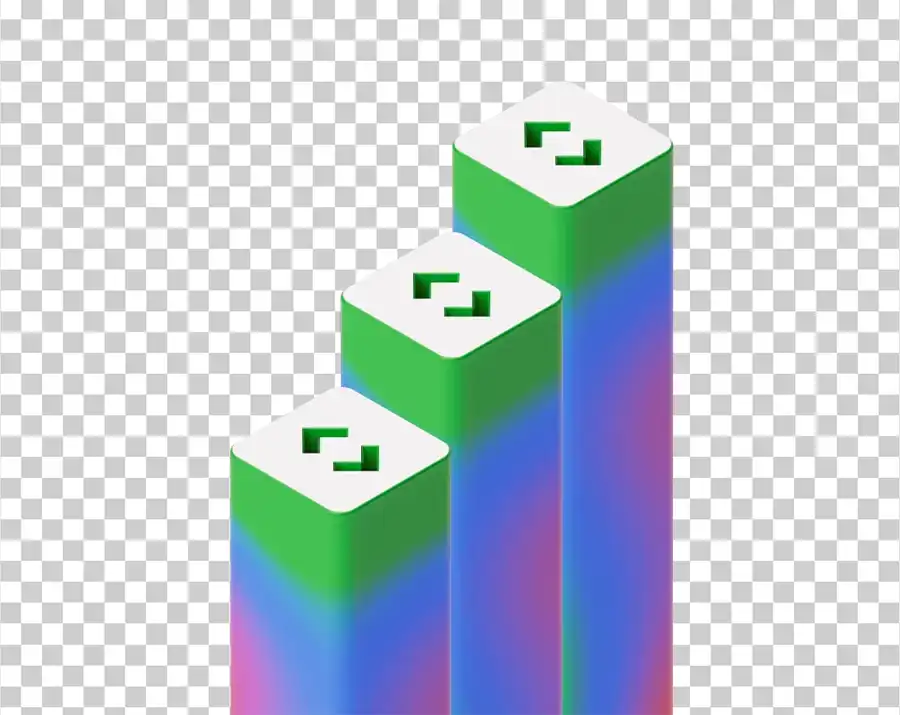 A 3D icon with three rising columns, each with a colorful gradient on its sides and a green < > symbol on its top face.