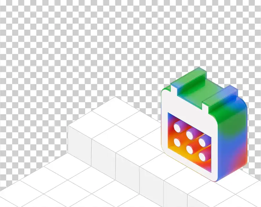 A 3D calendar icon with a colorful (blue, red, green, yellow) gradient on its sides and six circular cut-outs on its front face.