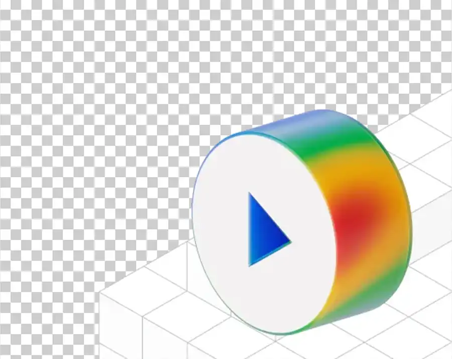 A 3D play button icon on a cylinder with a colorful (red, green, blue, yellow) side and a blue triangle on its white front face.