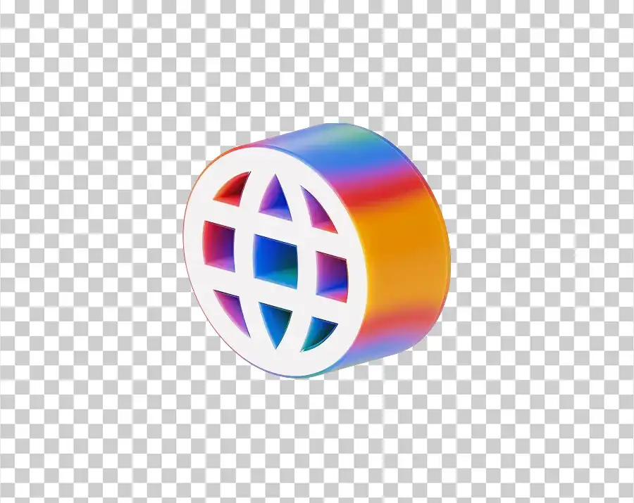 A 3D globe or web icon with a colorful, glossy surface and a white grid pattern cut out.