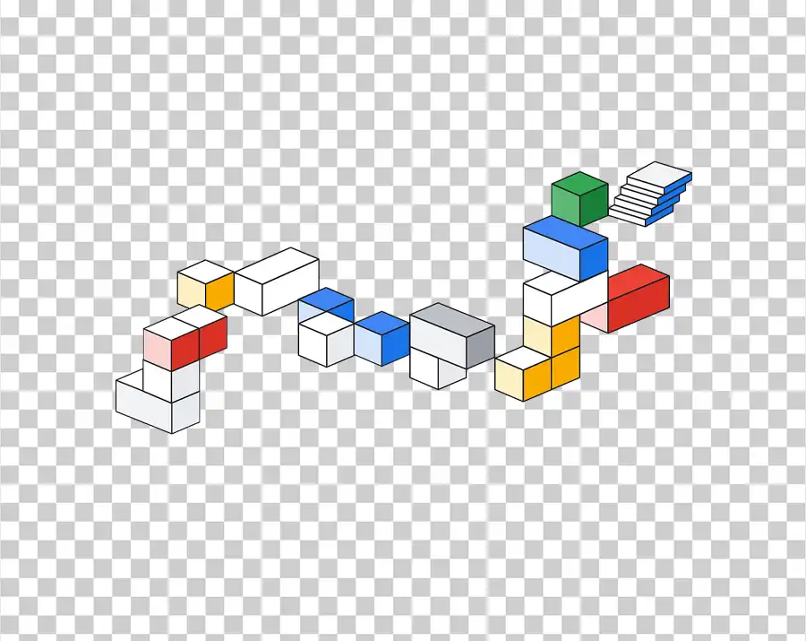 An abstract design made of interconnected white, gray, and Google-colored (blue, red, green, yellow) square and rectangular blocks.