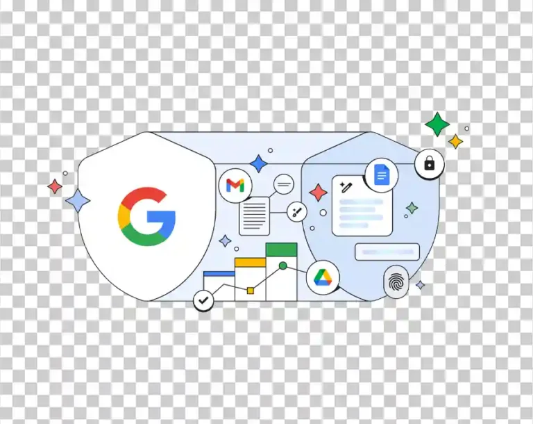 A design showing Gmail, Google Drive, and other Google product icons inside a shield-shaped protective shield. The colorful Google G logo is on the left of the shield.