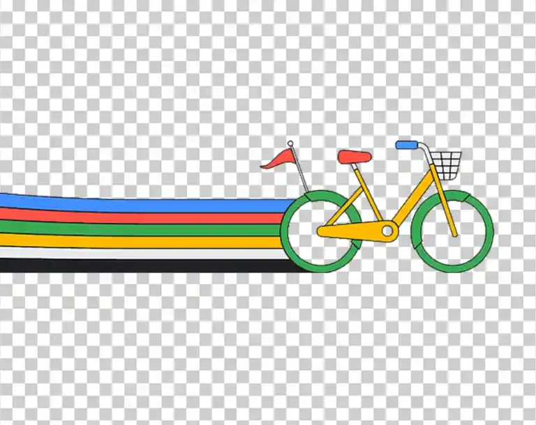 A line art drawing of a yellow and green bicycle connected to four colored (blue, red, green, yellow) and black stripes on a path.