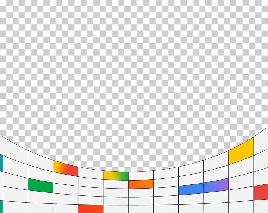 An abstract design featuring a curved grid with squares and rectangles filled with Google's colors (blue, red, green, and yellow).