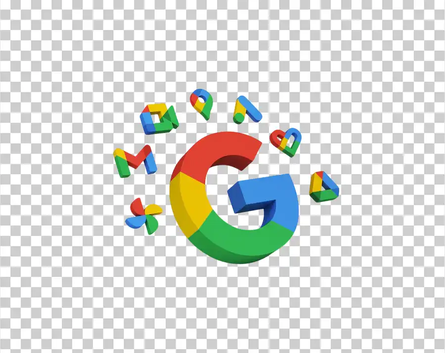 A large 3D Google G logo in the center, surrounded by 3D icons of other Google products such as Gmail, Maps, and Drive.