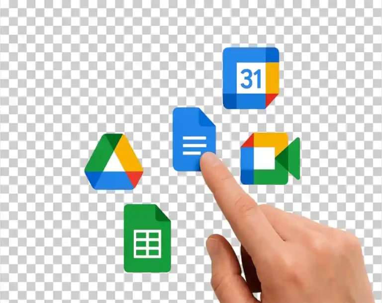 An illustration of a hand touching a Google Docs icon, with other Google Workspace icons for Drive, Sheets, Calendar, and Meet floating around it.