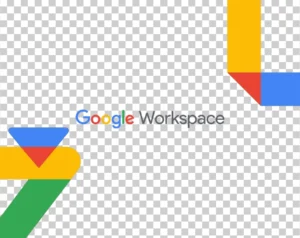 A design featuring the "Google Workspace" wordmark with abstract, multicolored geometric shapes resembling parts of Google product logos in the corners.