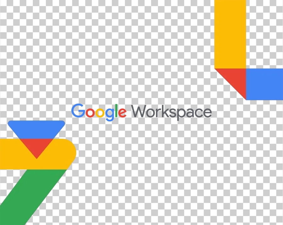 A design featuring the "Google Workspace" wordmark with abstract, multicolored geometric shapes resembling parts of Google product logos in the corners.