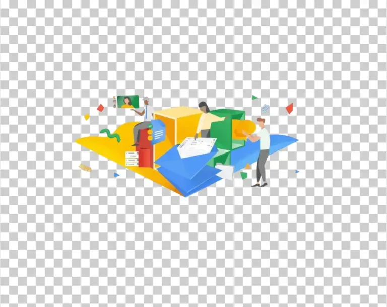 An illustration of a group of people interacting with 3D office tools and icons representing Google Workspace products.