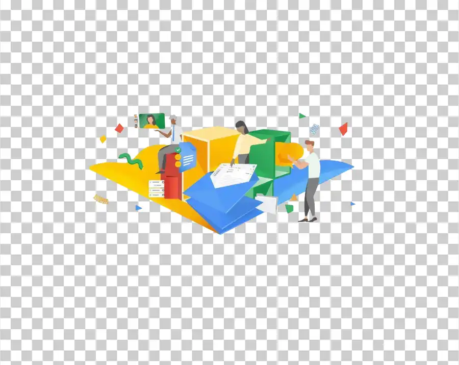 An illustration of a group of people interacting with 3D office tools and icons representing Google Workspace products.