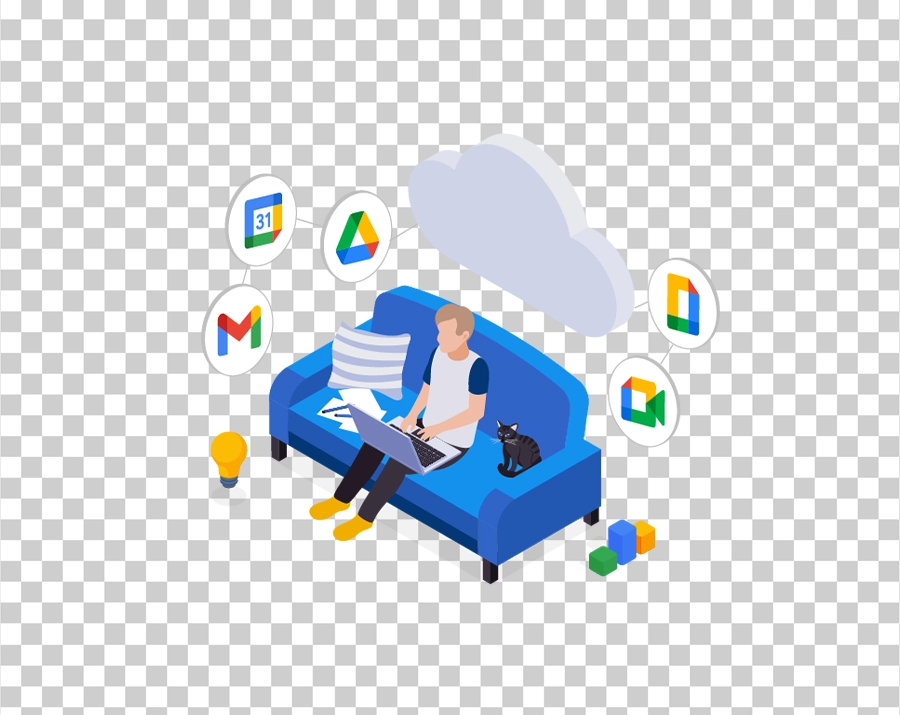 An isometric illustration of a person working on a laptop on a sofa, surrounded by a cloud and floating Google Workspace icons (Gmail, Drive).