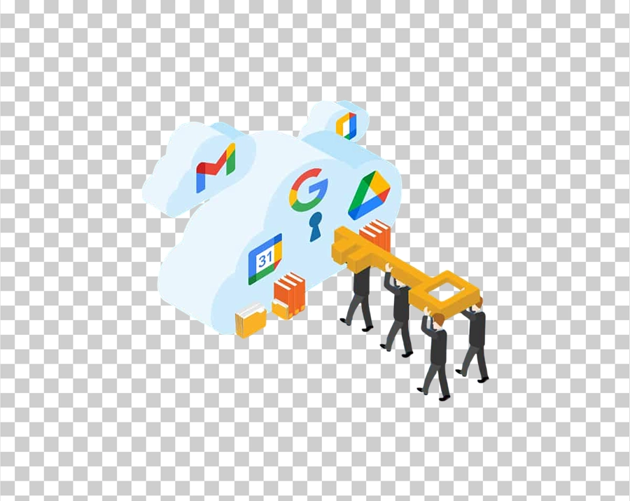 An isometric illustration of four people carrying a large key and approaching a cloud-shaped structure that has a keyhole and Google Workspace icons (Gmail, Drive).