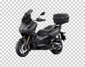 A side profile of a dark gray Honda ADV350 motorcycle with an attached top case.