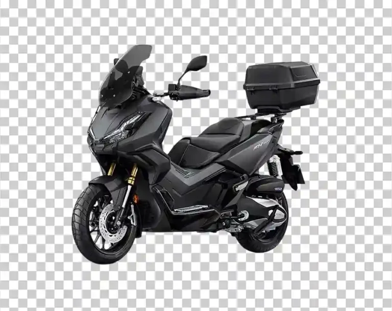 A side profile of a dark gray Honda ADV350 motorcycle with an attached top case.