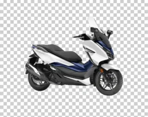 A side-profile view of a white and blue Honda Forza 250 maxi-scooter.