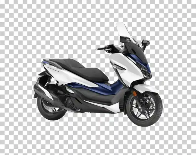 A side-profile view of a white and blue Honda Forza 250 maxi-scooter.