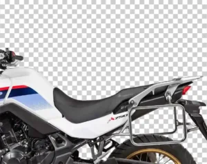 A rear-quarter view of a white, blue, and red Honda XL750 Transalp motorcycle with side luggage racks.